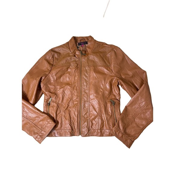 New Look leather jacket Pleather vegan coat brown/tan moto style SZ L NEW - Picture 2 of 8